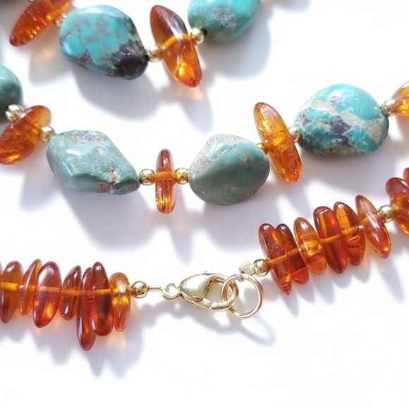 Turquoise Amber 26" Necklace Vintage Gold Plated Natural Gemstone Lobster Clasp - Picture 8 of 8